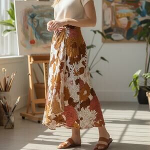 Dodo Bar Or Midi Skirt Womens 10 Orange Floral Silk Asymmetric Fairy Euro Summer